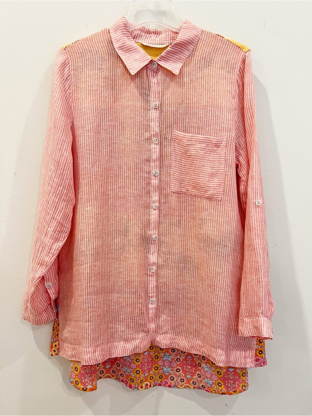 Soft Surroundings Top Large Striped Floral Linen Eden Island Roll Tab Tunic